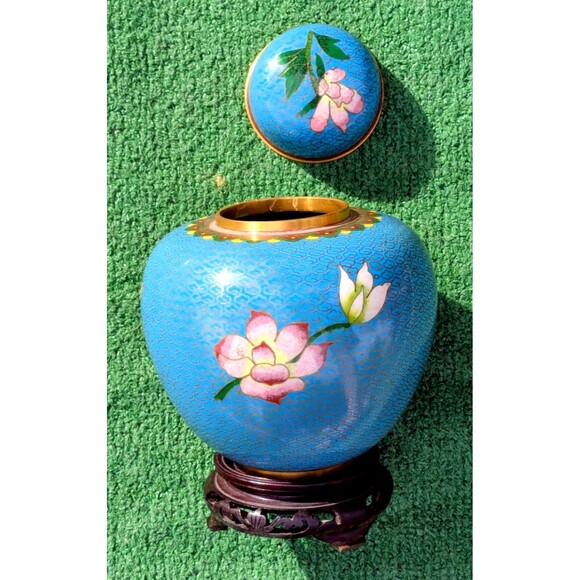 Vintage Cloisonné Floral Ginger Chinese Enamel Art-Mid 20th Century 8" Vase EUC - Picture 3 of 6